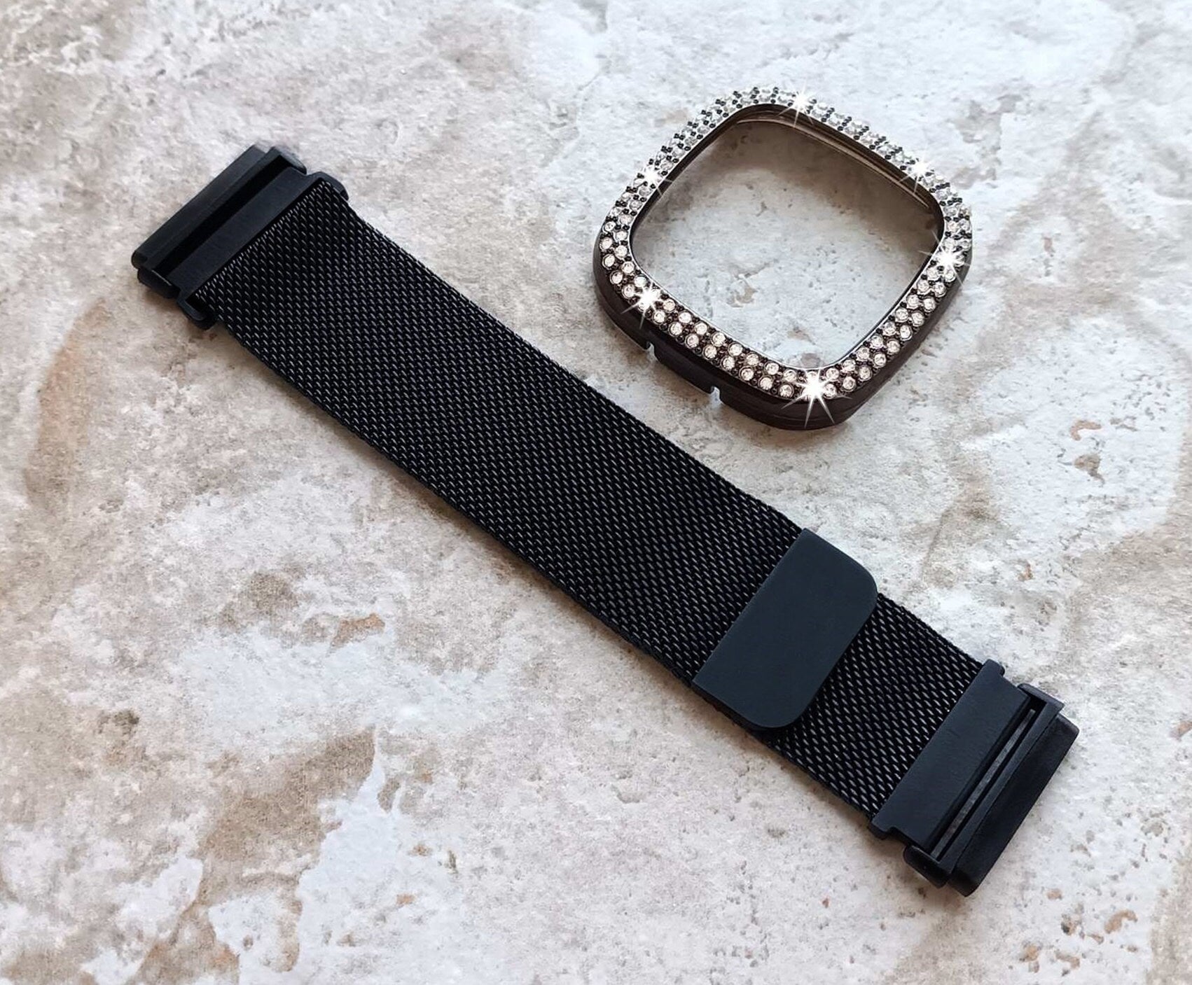 Fitbit Watch Black Band Set Crystal Bezel Bling Case Cover for Versa 2 3 4 and Sense 1 2 Smartwatches Milanese Strap Protective Bumper Frame